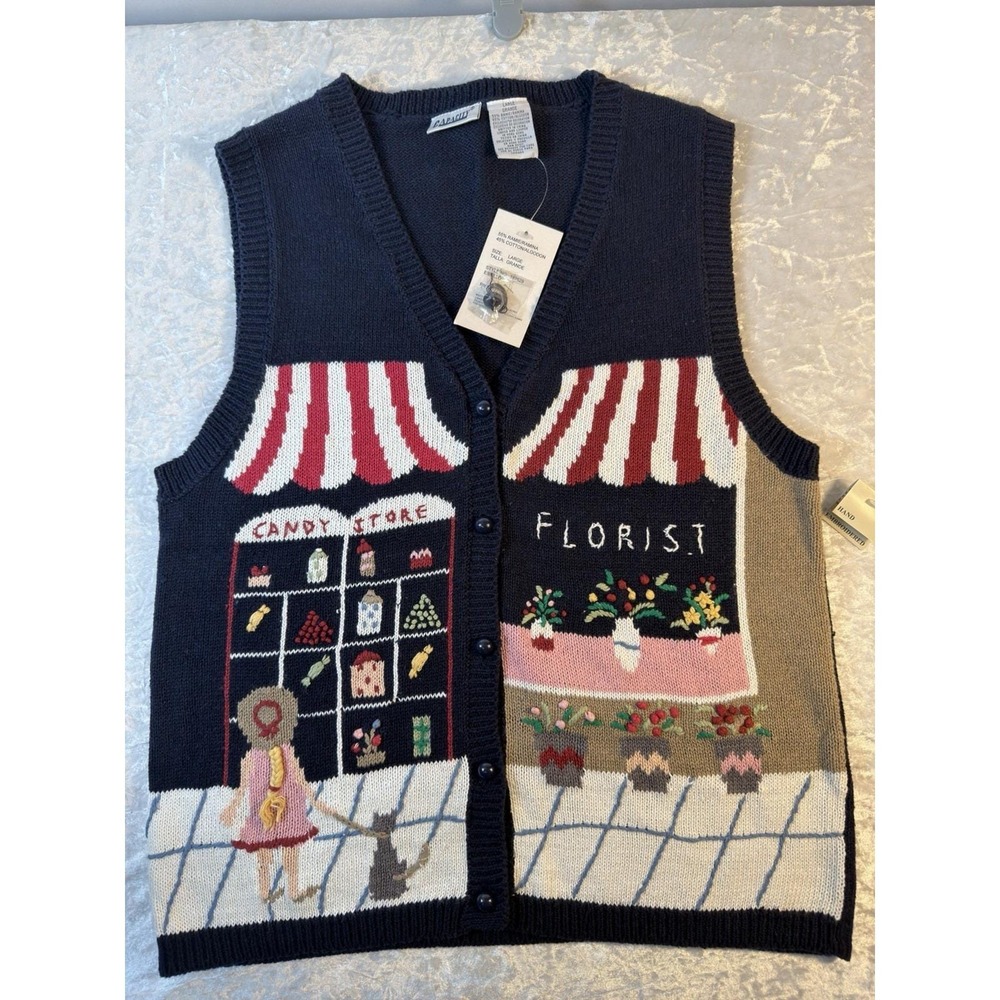 Vintage Capacity Sweater Vest Womens L Hand Embroidered Novelty Cottagecore NWT